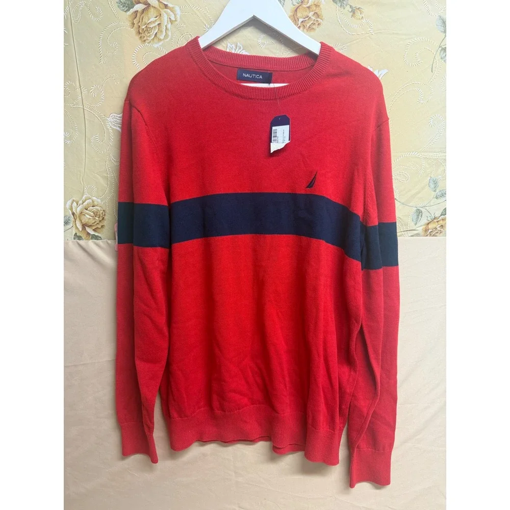 Nautica Mens Red Navy Blue Stripe Crewneck Knit Sweater Large NWT